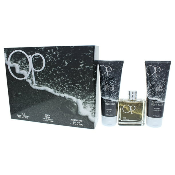 Perfume EDT de 3.4 oz, champú y acondicionador 2 en 1 de 8.5 oz, gel de baño hidratante de 8.5 oz Ocean Pacific Ocean Pacific Op Black Perfume EDT Set de regalo Caballero 3Pc Set