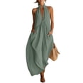 thumbnail image 4 of fheaev Women's Maxi Dress Linen Halter Neck Sleeveless Pleated Backless with Pockets Solid for Vacation Green L, 4 of 6