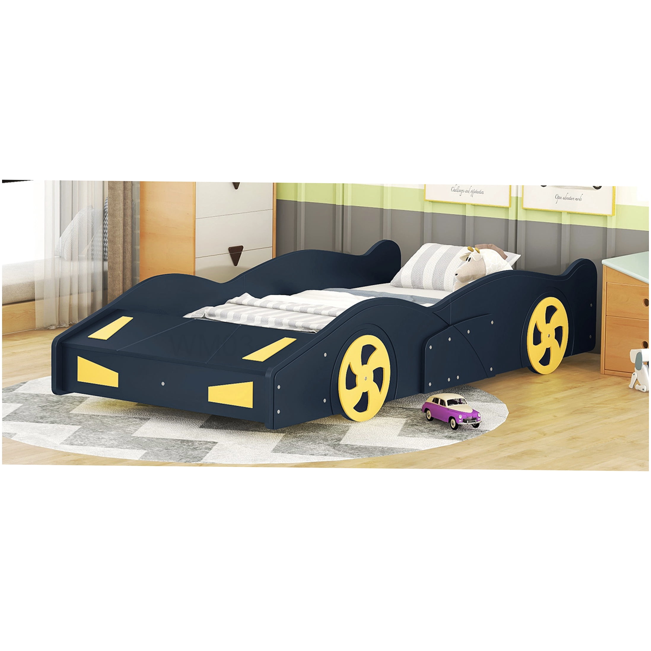 Low Profile Twin Bed Frame with Storage, Race Car Design, Solid Wood Platform Base