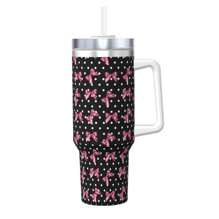 

Susaid polka dot with pink bows Print Indoor Outdoor Straw Lid 40oz Ice Bully With Handle Stainless Steel Cup for Home Office and Car