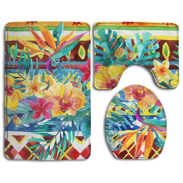 ABPHQTO Flores y hojas tropicales Juego de alfombras de baño de 3 piezas Alfombra de baño Alfombra de contorno y tapa de inodoro ABPHQTO Cont-CHAPPLE-38791