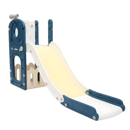 Blue Yellow White Toddler Slide Playset 3-in-1 Indoor Playground for Babies with Basketball Hoop & Telescope Climber Dome Kids Slide for 1+ Years Old