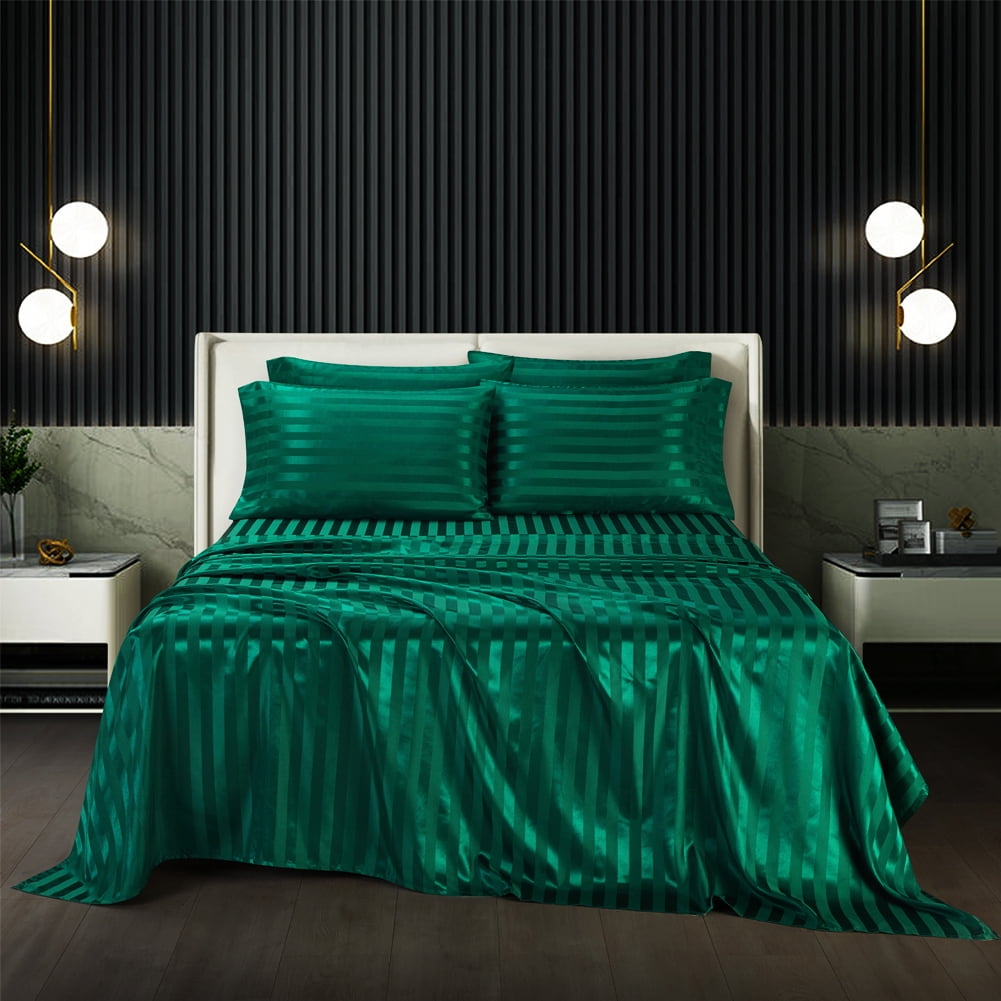 AiMay Italian Style  6 Piece Satin Bed Sheet Set Stripes Super Soft Deep Pocket 1800 Luxury Rich Silk 1 Flat Sheet 1 Fitted Sheet 4 Envelope Pillowcases Stain-Resistant Wrinkle Free (Queen,Green)