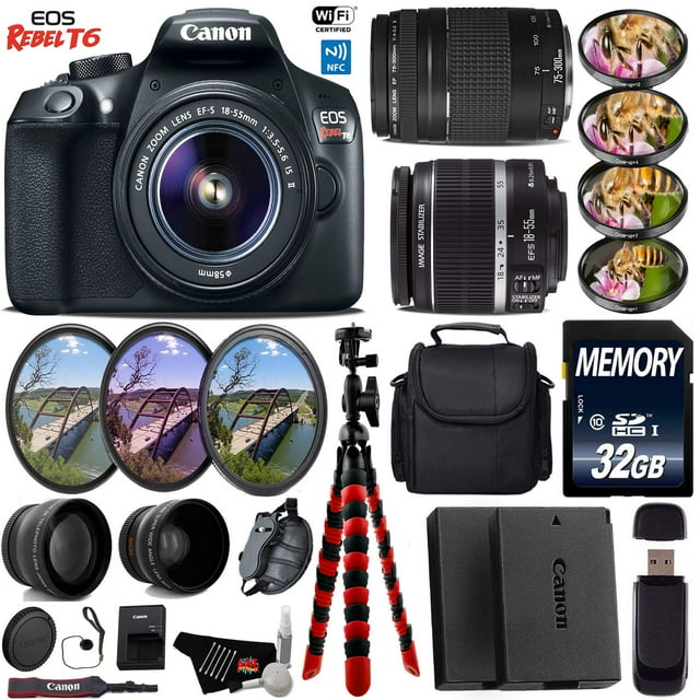 Canon EOS Rebel DSLR Camera 18-55mm is II Lens & 75-300mm III Lens + UV FLD CPL Filter Kit + 4 PC Macro Kit + Wide Angle & Telephoto Lens + Case + Tripod + Card Reader - Intl Model