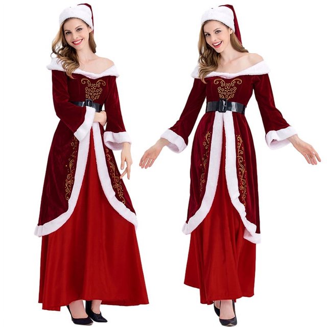 Disfraz navideño europeo y americano Vestido navideño de manga larga para mujer Papá Noel engrosado con chal Vestido de reina navideña