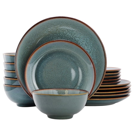 Elama Betty 18 Piece Stoneware Dinnerware Set in Blue with Brown Rim, Service for 6