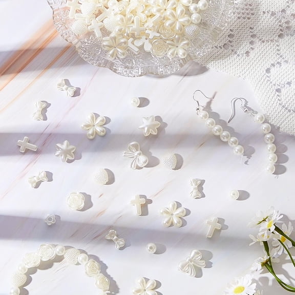 500 Pcs ABS Imitation Pearl Beads Star Heart Bowknot Circle Flower White Aesthetic Beads for Jewelry Making Bracelets Necklaces Earrings Key Chains Accessories DIY Crafts(Elegant Style)