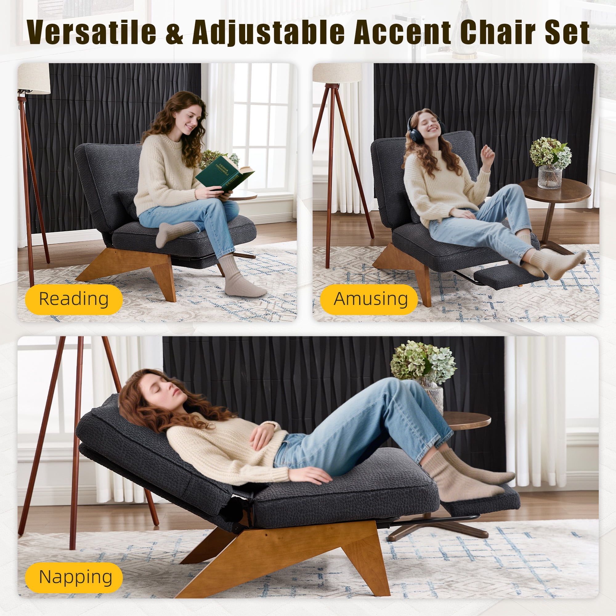Homefun Modern Adjustable Lounge Chair with Footrest,Wooden Base Upholstered Recliner for Reading Rest Circle Fleece