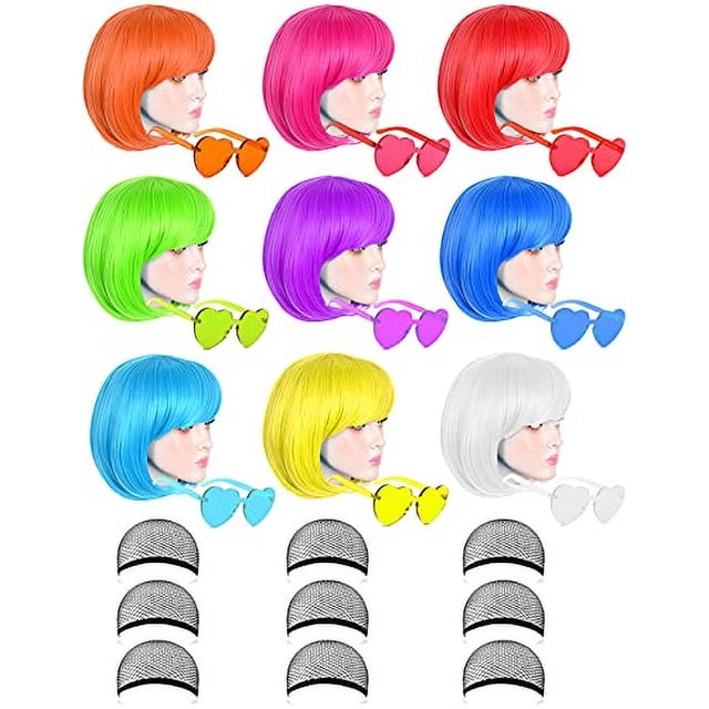 9 pelucas de colores, pelucas de coloridas funky, pelucas de cabello bob bob, pelucas de fiesta de neón, pelucas de cosplay con gafas de sol sin borde de corazón: una talla para todas las mujeres niño