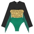 thumbnail image 6 of Zaldita Women Sequins Leotard Sheer Mesh Long Sleeve Fringe Latin Dance Bodysuit Dancewear Gold&Green 3XL, 6 of 7
