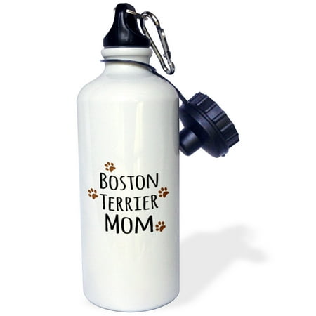 - 3dRose Boston Terrier Dog Mom - Doggie by breed - brown muddy paw prints love - doggy lover mama pet owner, Sports Water Bottle, 21oz