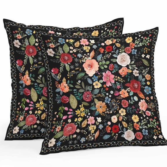 Throw Pillow Covers 26x26 Inch Set of 2, Watercolor Flowers Waterproof Outdoor Pillow Covers, Farmhouse Floral Vintage Black Decorative Cushion Pillowcases for Couch, Sofa, Bed, Garden, Patio
