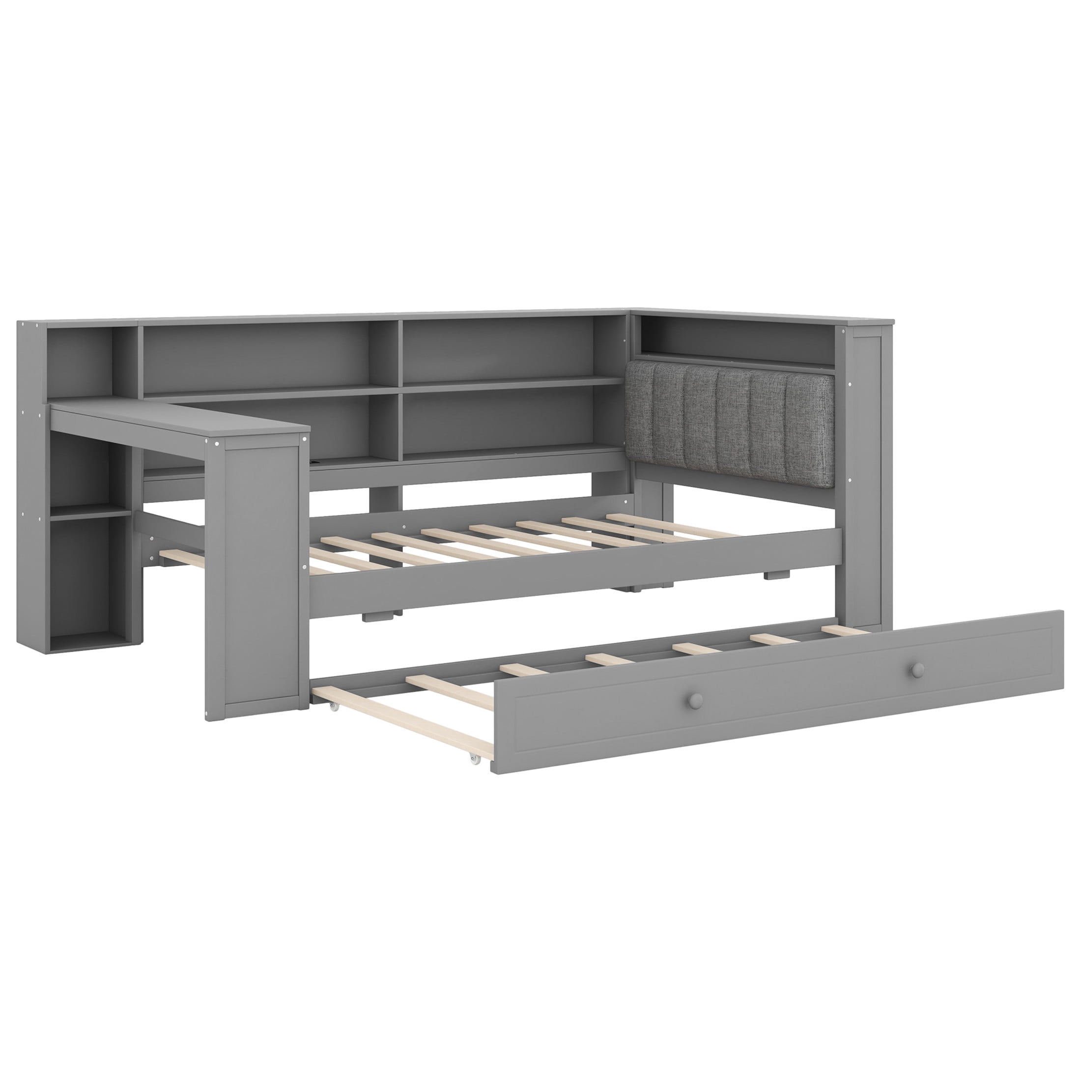 Noble House Twin Platform Bed with Upholstered Headboard, Extra Trundle, Storage Shelves and Charging Station, Grey