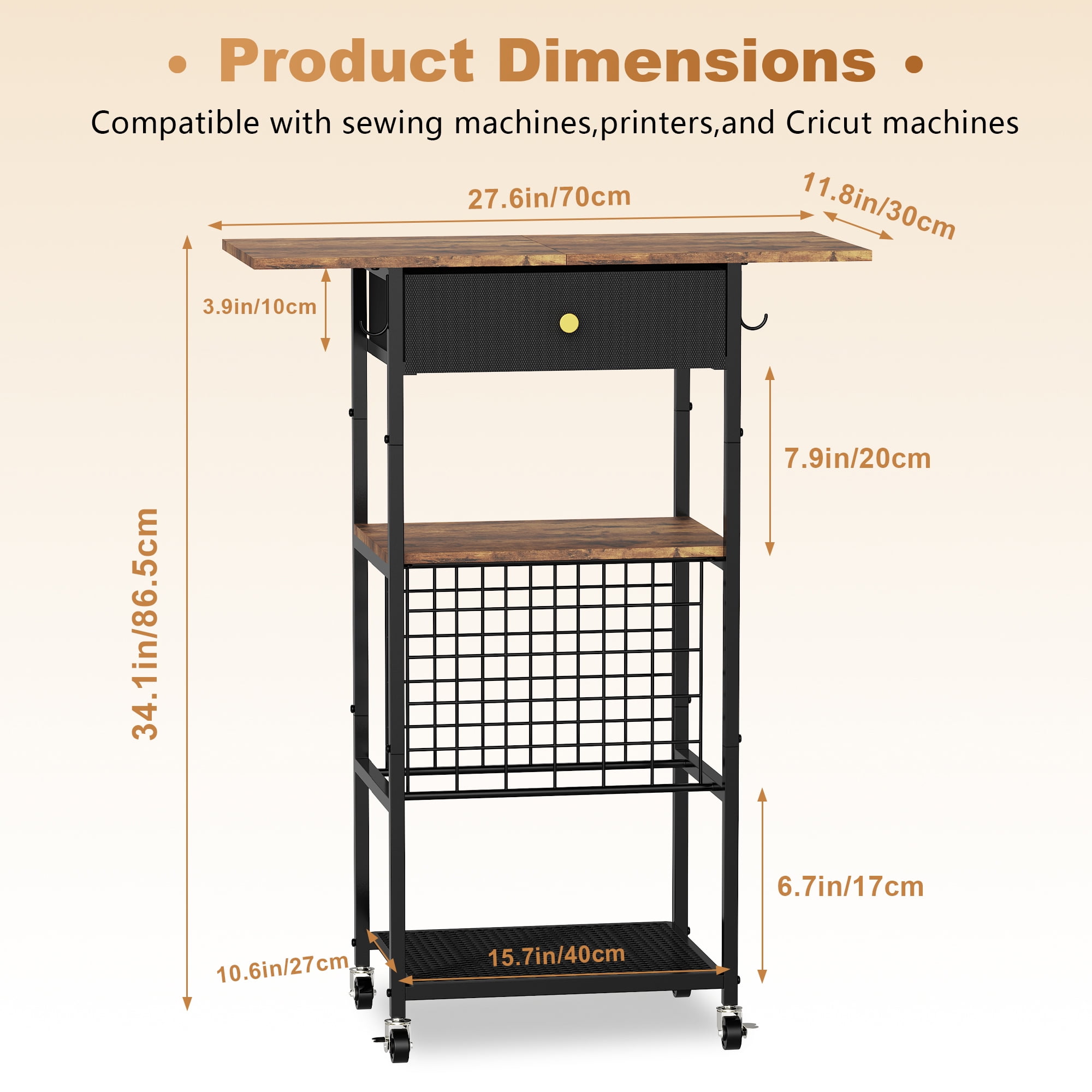 Rolling Craft Storage Table with 30 Vinyl Roll Holder and Drawer, Craft Storage Organizer Compatible with Cricut Machine, Mobile Craft Storage Cabinet Workstation for Craft Room Home (Black)