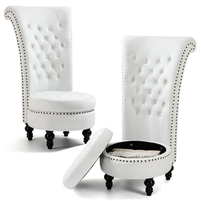 AVAWING 2PCS High Back Royal Chair, Velvet Armless Throne Chair with Storage, White