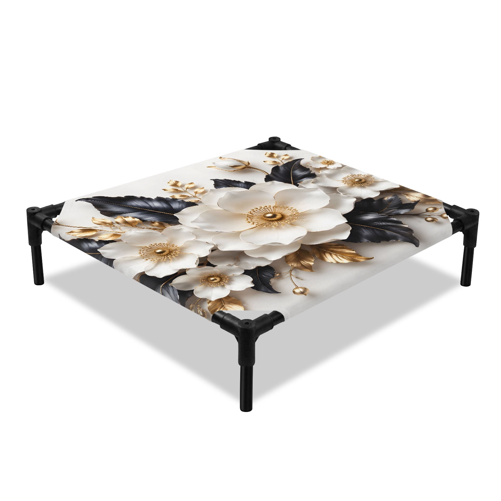 White Floral Elevated Dog Bed Modern Elegant Botanical Flowers Black Gold Leaf Cooling Breathable Outdoor Raised Dog Cot Bed with Metal Frame Non-Slip Feet for Small Dog 20x20in