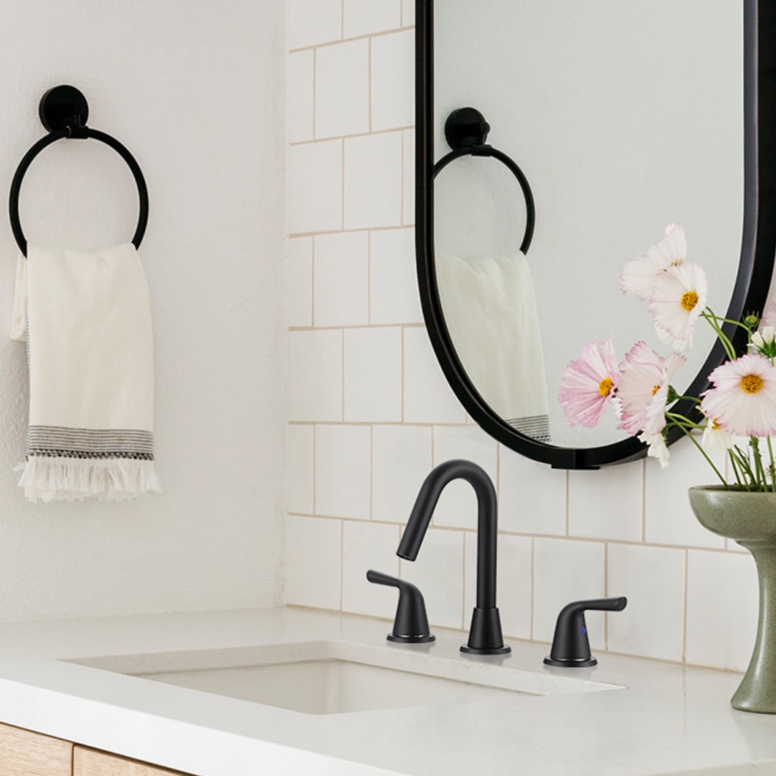 WOWOW Widespread Bathroom Faucets for Sink 3 Hole Matte Black, 8 inch Bathroom Faucet with Pop Up Drain Assembly and Water Supply Lines 2 Handle 360° Swivel Spout Basin Faucets for Vanity Lavatory