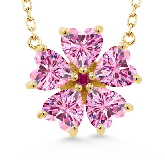 Gem Stone King 18K Yellow Gold Plated Silver Pink Moissanite and Red Created Ruby Pendant Necklace for Women (4.05 Cttw, Heart Shape 6MM, with 18 inch Chain)