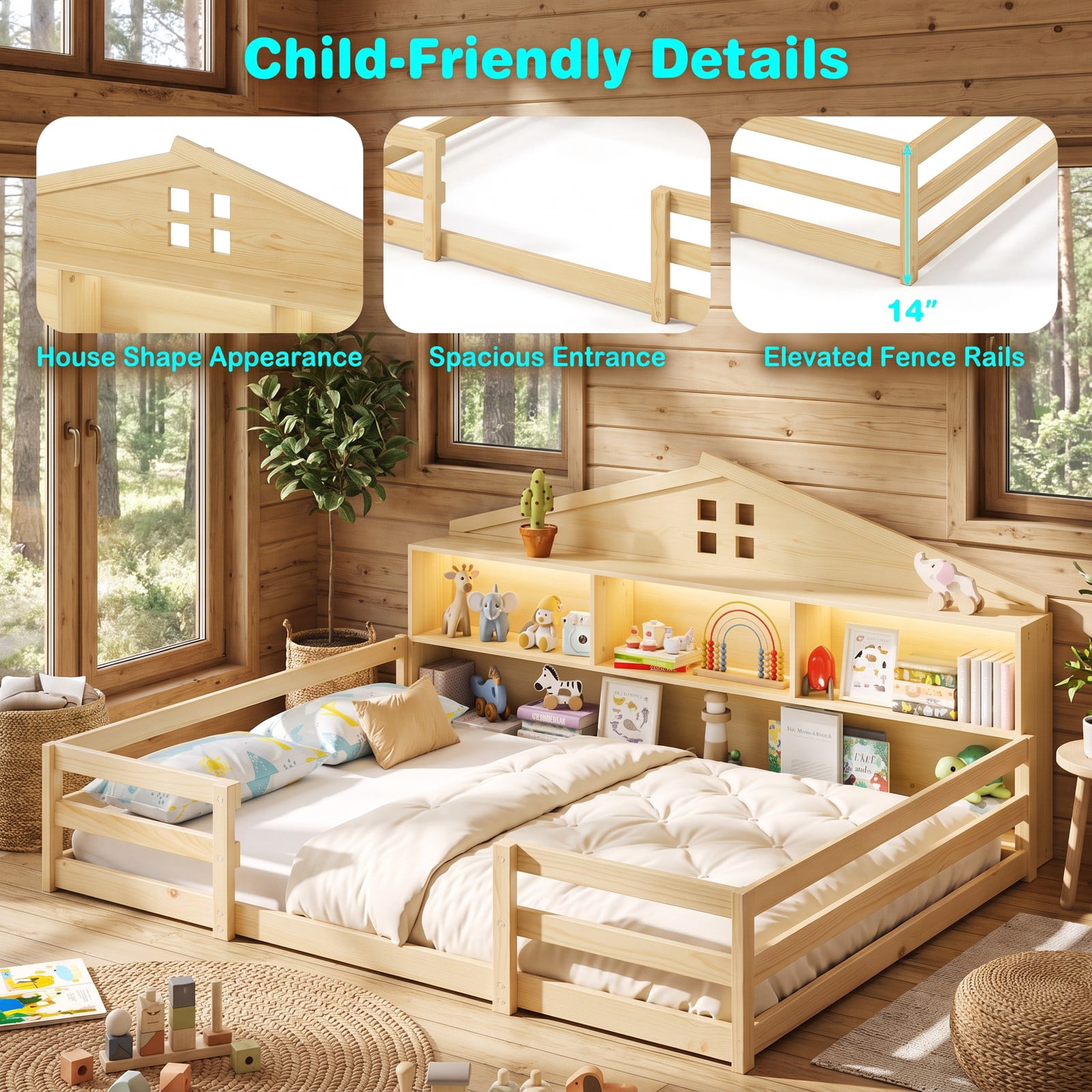 Furnibear Full Size Bed Frame, Montessori Floor Bed with House-Shaped Storage Headboard, Guardrails and Built-in LED Lights for Kids Room, Natural