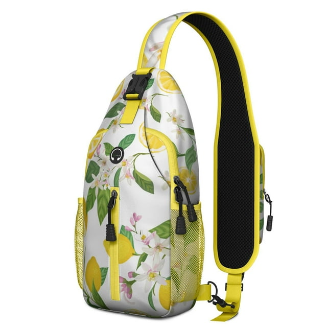 Retro Vintage Lemon Print Sling Backpack, Bright Yellow Fruit Design Crossbody Daypack with Cute Floral Patterns, Lightweight and Adjustable Strap
