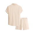 thumbnail image 6 of Men's Summer 2-Piece Set, Solid Color Jacquard Short Sleeve Button-Down Lapel Shirt and Shorts, Lightweight Casual Outfit For Vacation and Beach,Beige,L, 6 of 6