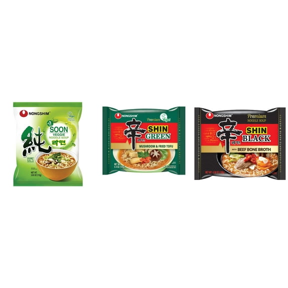 3 Pack Korean NongShim Gourmet Spicy Shin Instant Ramen Noodle, 3 Flavors(Soon Veggie,shin Green,shin black) Plus NineChef Brand Long Handle Coffee Spoon