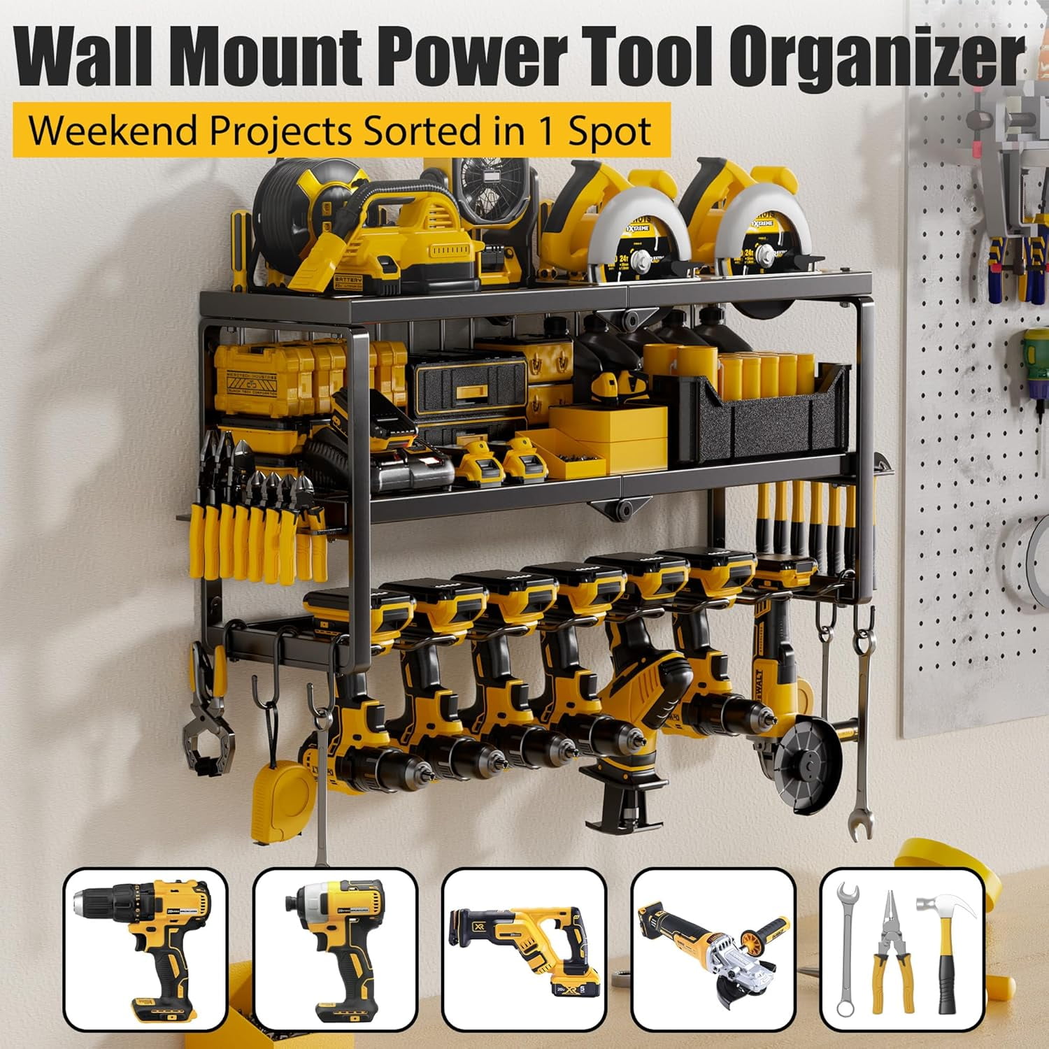 Heavy Duty Power Tool Organizer with 7 Drill Holders for Garage Workshop Storage