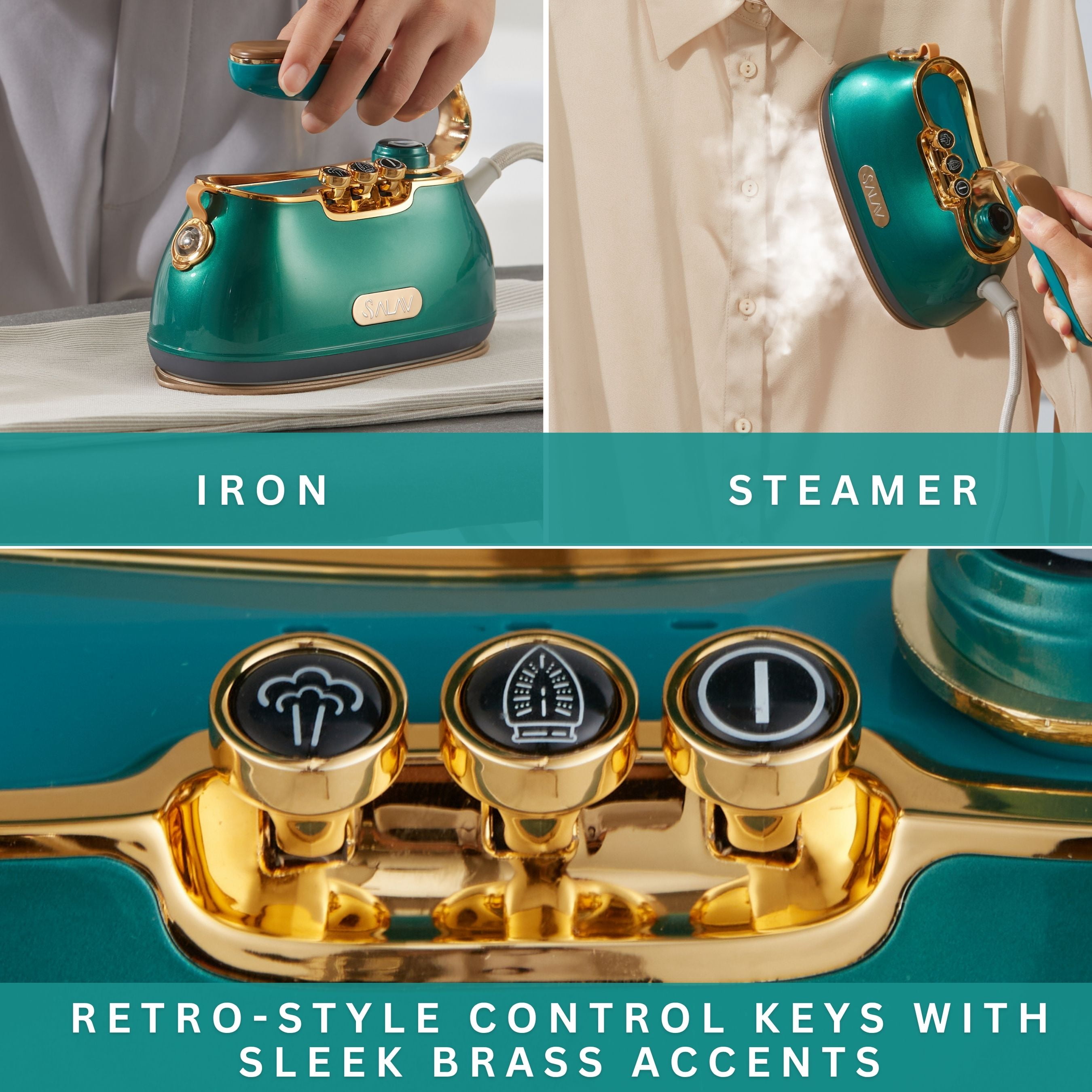 SALAV® Retro Edition Duopress Steamer and Iron with Ceramic Coated Plate, Emerald