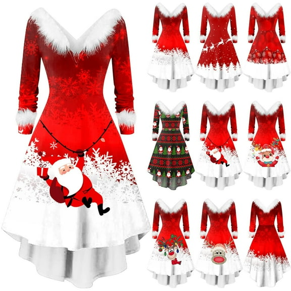 Women's Fashion Christmas Plush Long Sleeved V-Neck Irregular Dresses, Festive Fall and Winter Party Wear with Unique Design, Cozy and Elegant,Black,M
