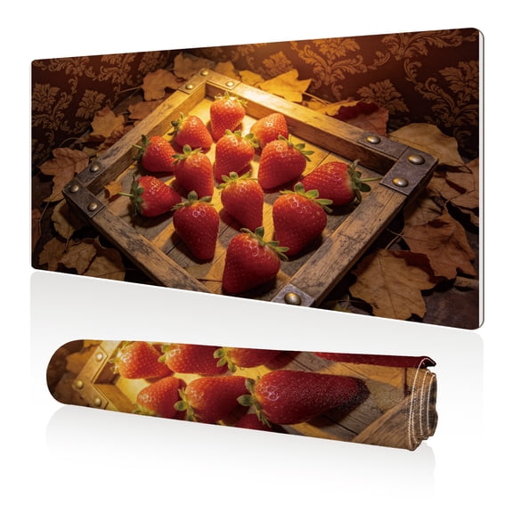 LIVEKEY Mouse Pad 80x40cm Extra Large Non Slip Stitched Durable Easy Clean Fresh Strawberries in Wooden Box with Autumn Leaves Pattern for Gaming Office