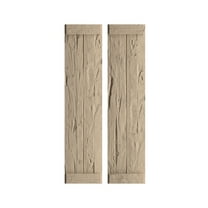 Ekena Millwork 11"W x 72"H Rustic Two Board Joined Board-n-Batten Hand Hewn Faux Wood Shutters w/End Batten (Per Pair), Primed Tan