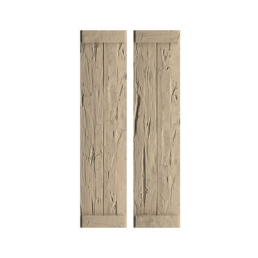 Ekena Millwork 11"W x 80"H Rustic Two Board Joined Board-n-Batten Hand Hewn Faux Wood Shutters w/End Batten (Per Pair), Primed Tan