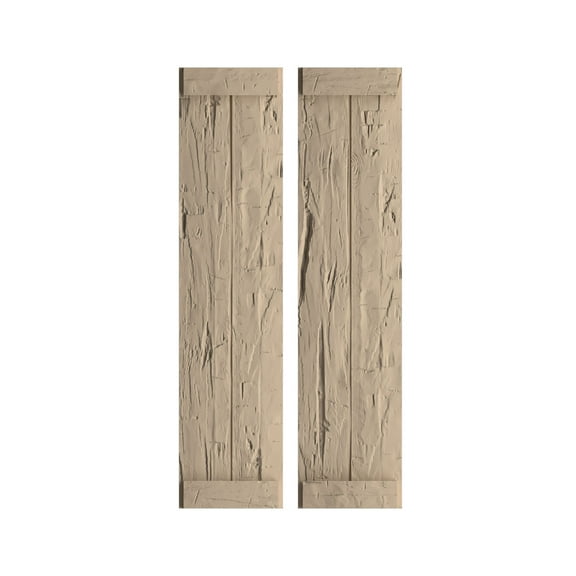 Ekena Millwork 11"W x 26"H Rustic Two Board Joined Board-n-Batten Hand Hewn Faux Wood Shutters w/End Batten (Per Pair), Primed Tan