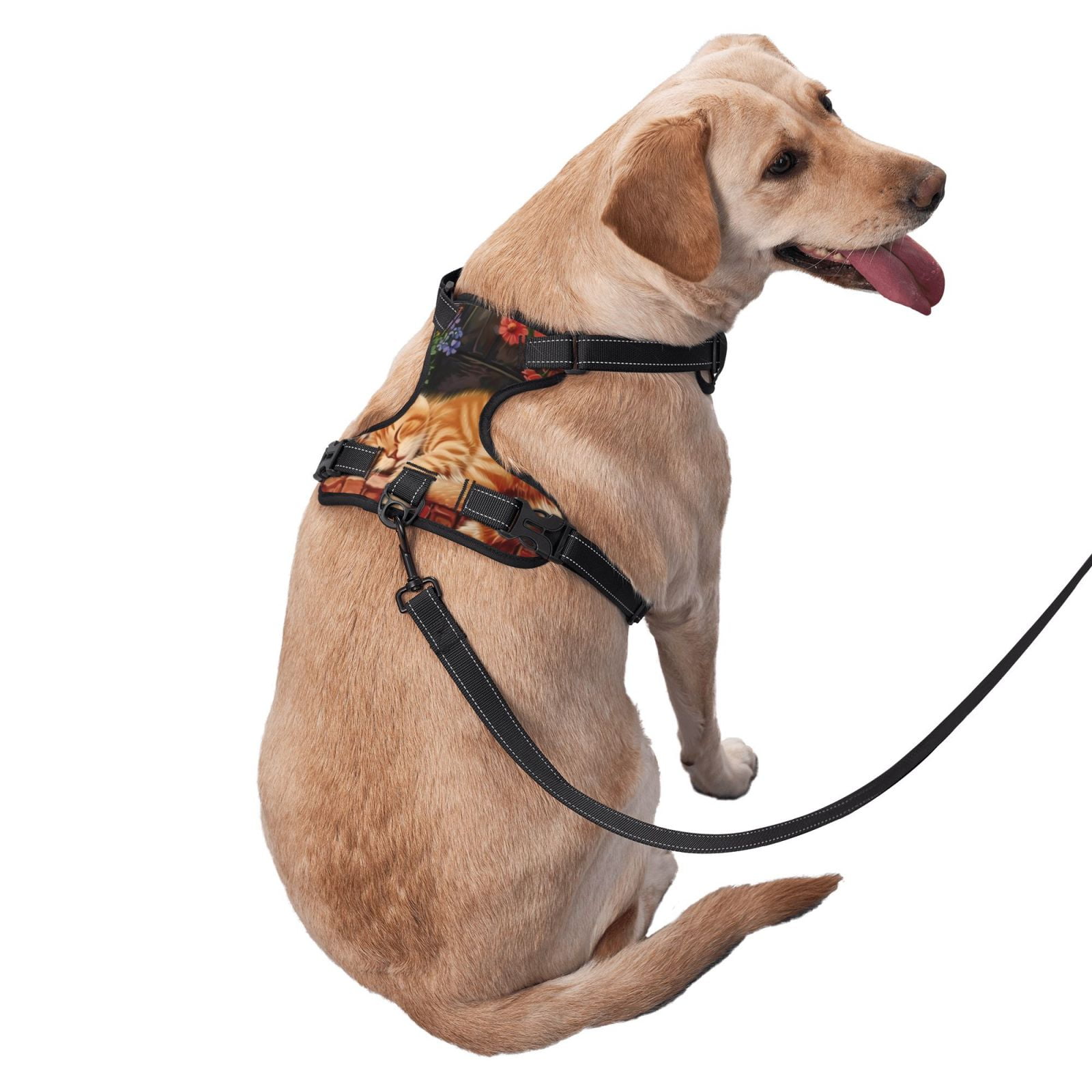 Fuzoiu Sleeping Cat Flowers Print Reflective Dog Harness,Adjustable, Breathable Pet Vest,Dog Harness No Pull,No Choke Pet Vest for Small, Medium, and Large Dogs-Medium
