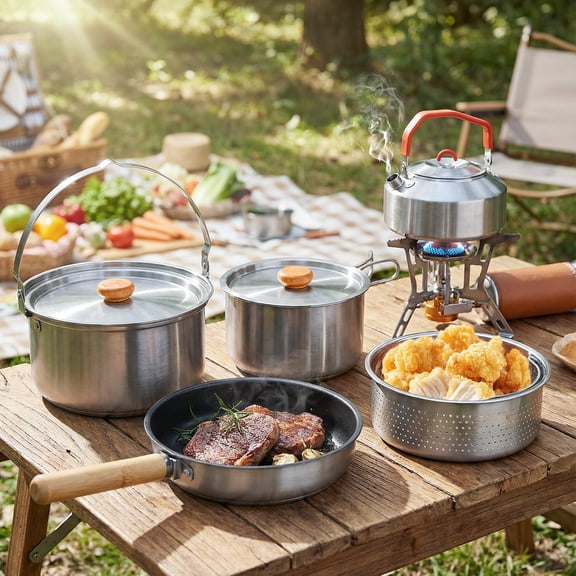 UBesGoo Camping Cookware Pot Set Outdoor Cooking Set w/ Pots,Fry Pan,Colander,Kettle,Lids