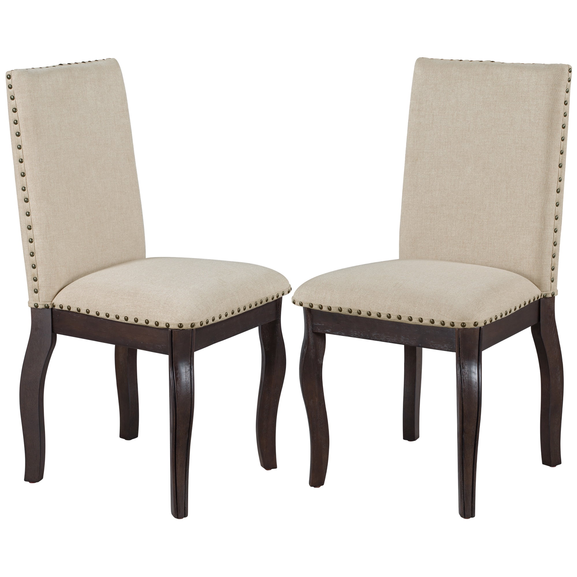PORKISS Set of 2 Dining Chairs, High Back Upholstered Kitchen Chairs with Solid Wood Frame, Curved Legs and Bronze Nailhead Trim, Espresso Finish with White Fabric