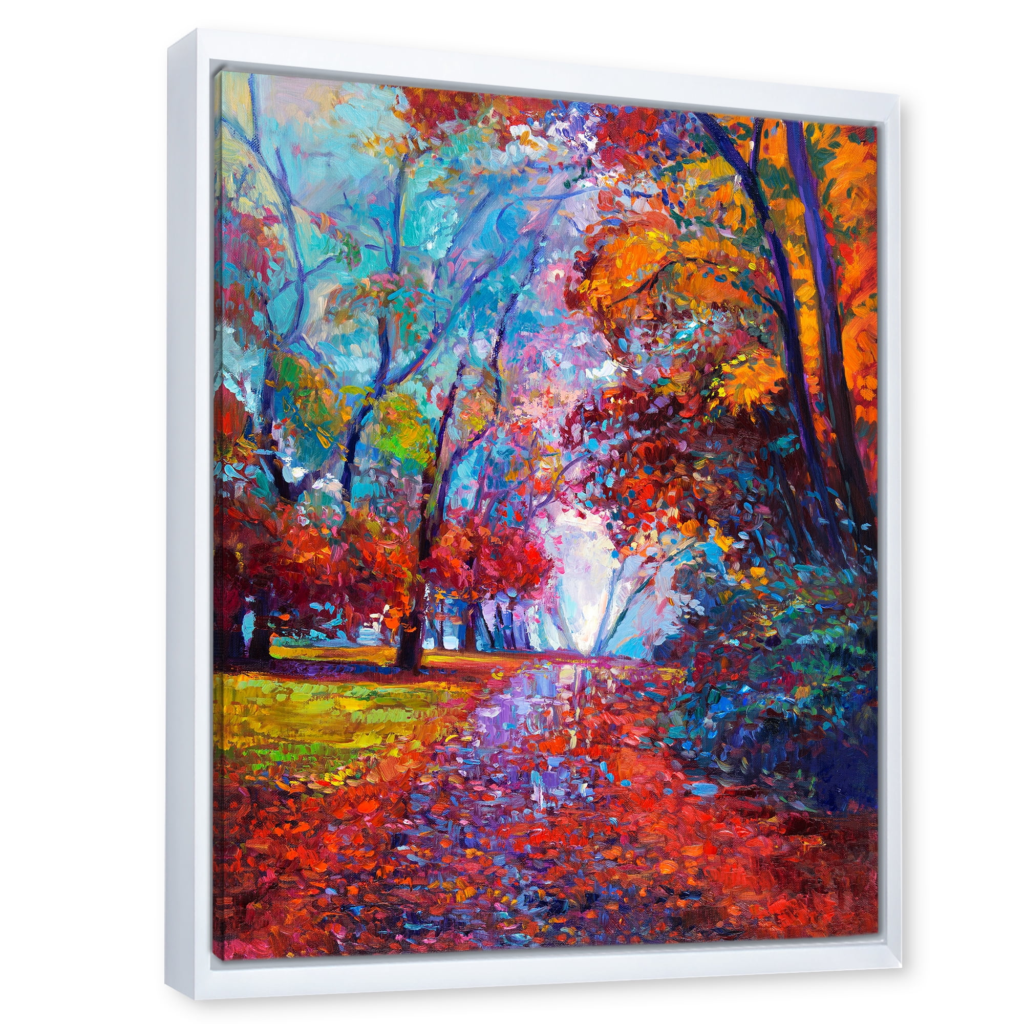 Red Autumn Landscape With Little Road 16 in x 32 in Framed Painting Canvas Art Print, by Designart
