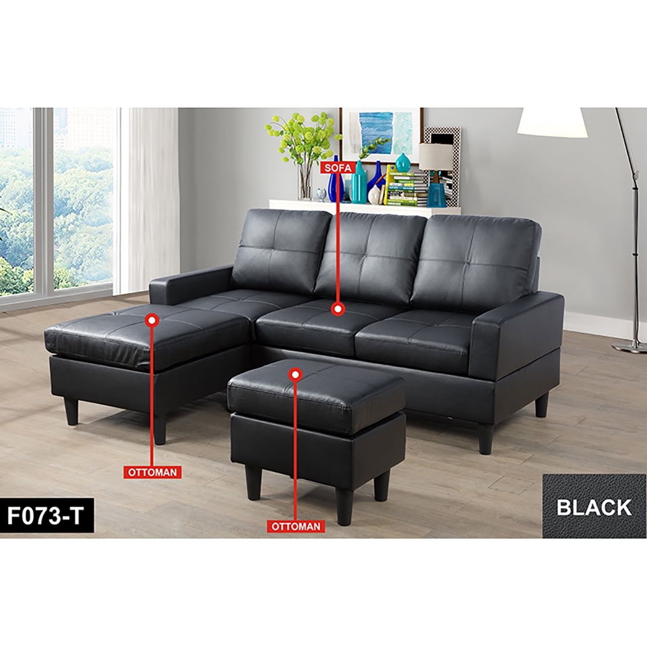 PonLiving Convertible Living Room Sectional Sofa with Reversible Chaise & Ottoman Black PU Leather