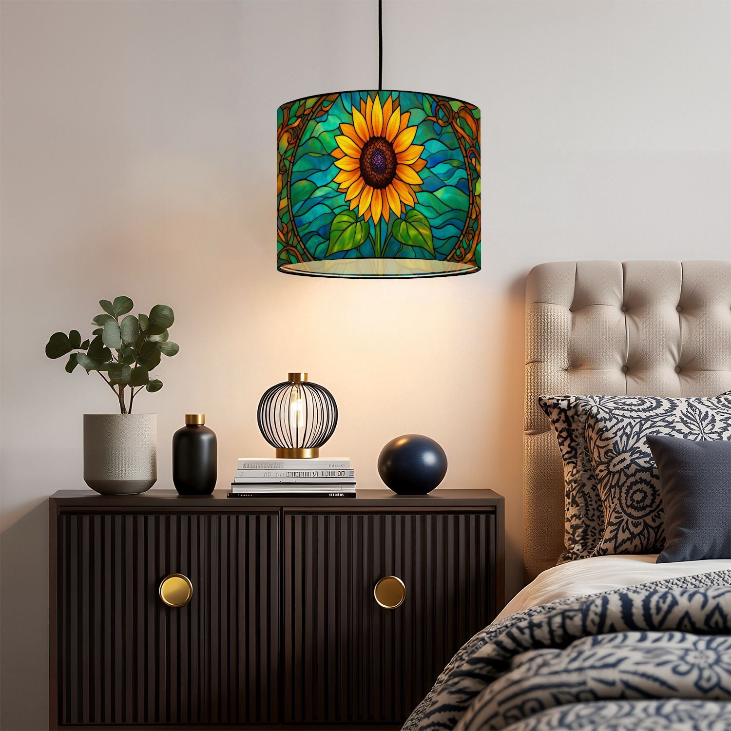 Linen Drum Lampshades Vibrant Stained Glass Sunflower Yellow Petals Blue 13"x13"x10" Light Shade for Table Lamps Floor Lamp Shades Lampshade Replacement Assembly Required