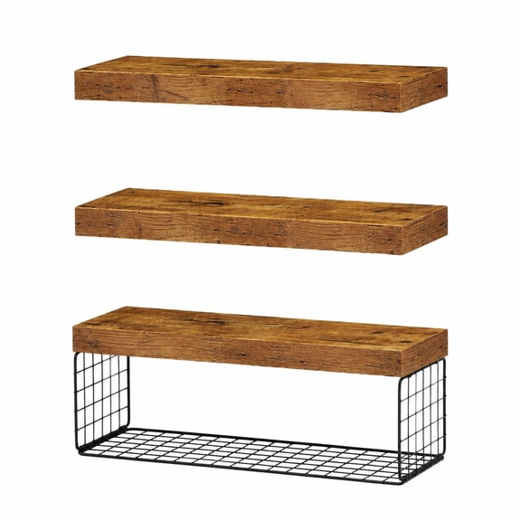 Aemutady 3-Pack 15.7 in. Rustic Brown Floating Shelves with Wire Basket