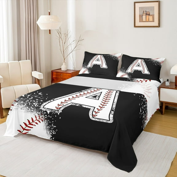 Manfei Baseball Sport Twin Sheet Sets 3pcs for Kids Teens, Black White Twin Fitted Sheet, Monogrammed Letter A Flat Sheet, Lightweight Room Decor