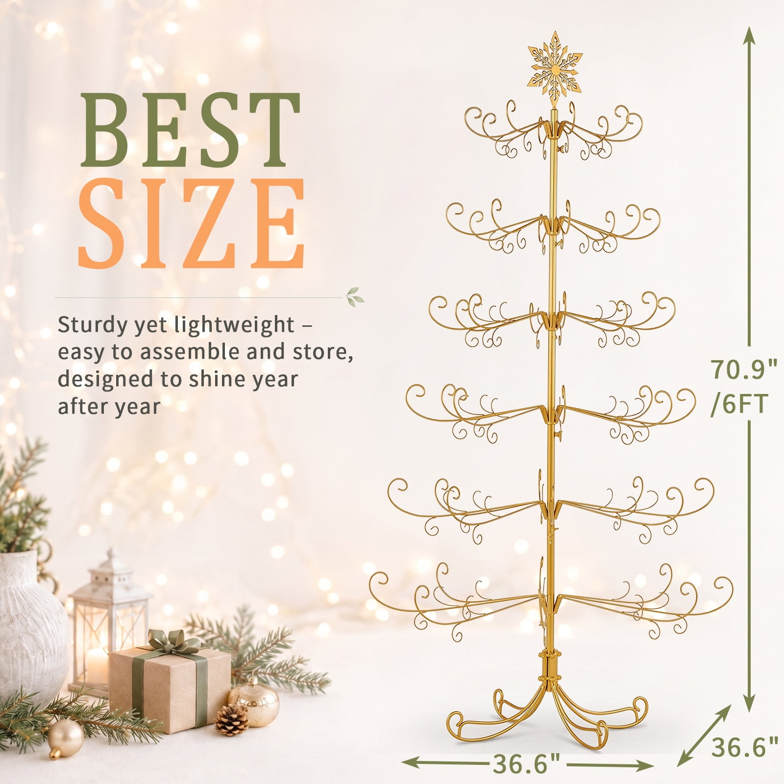 Astoutdoor 6 ft Gold Iron Christmas Tree with Snowflake Top, PVC Everyday Decor Tree, No Accessories Included