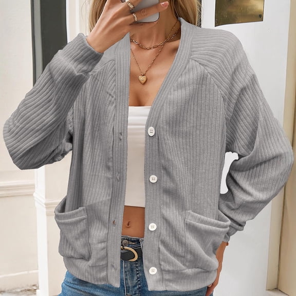 Cardigans For Women Lightweight Knit Cardigan V-Neck Front And Patch Pockets With Button Cardigan Sweaters