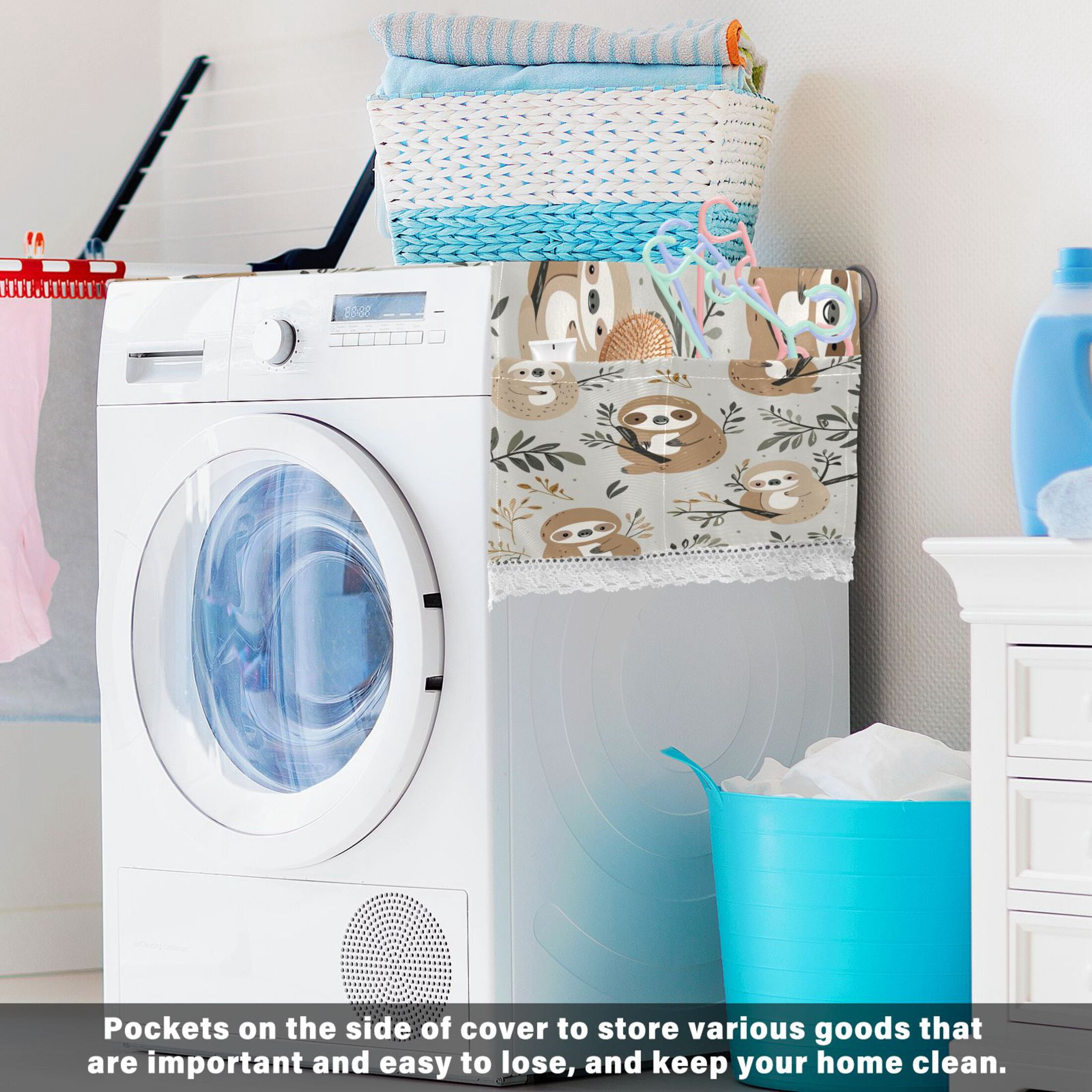 WOBOGO Cute Sloth Pattern with Boho Elements Washing Machine Cloth Dryer Refrigerator Top Cover Protective Non-Slip Mat For Kitchen Laundry