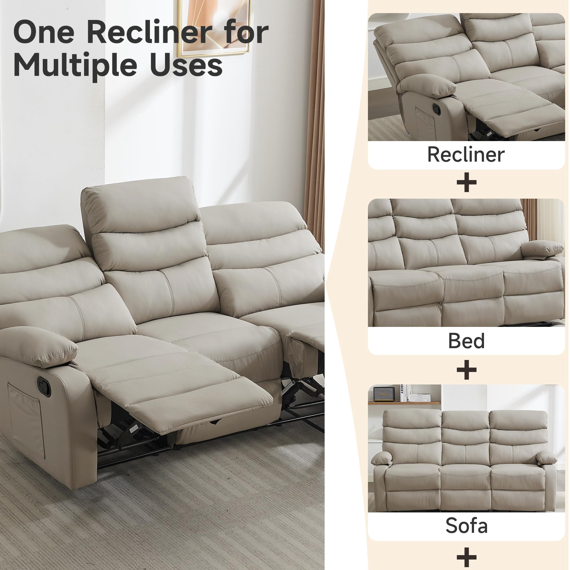Beige 3-Seater Loveseat Recliner Sofa, Small Sofa Couch, PU Leather Reclining Sofa 3-Seater Manual Double Seater Recliner with Side Pockets