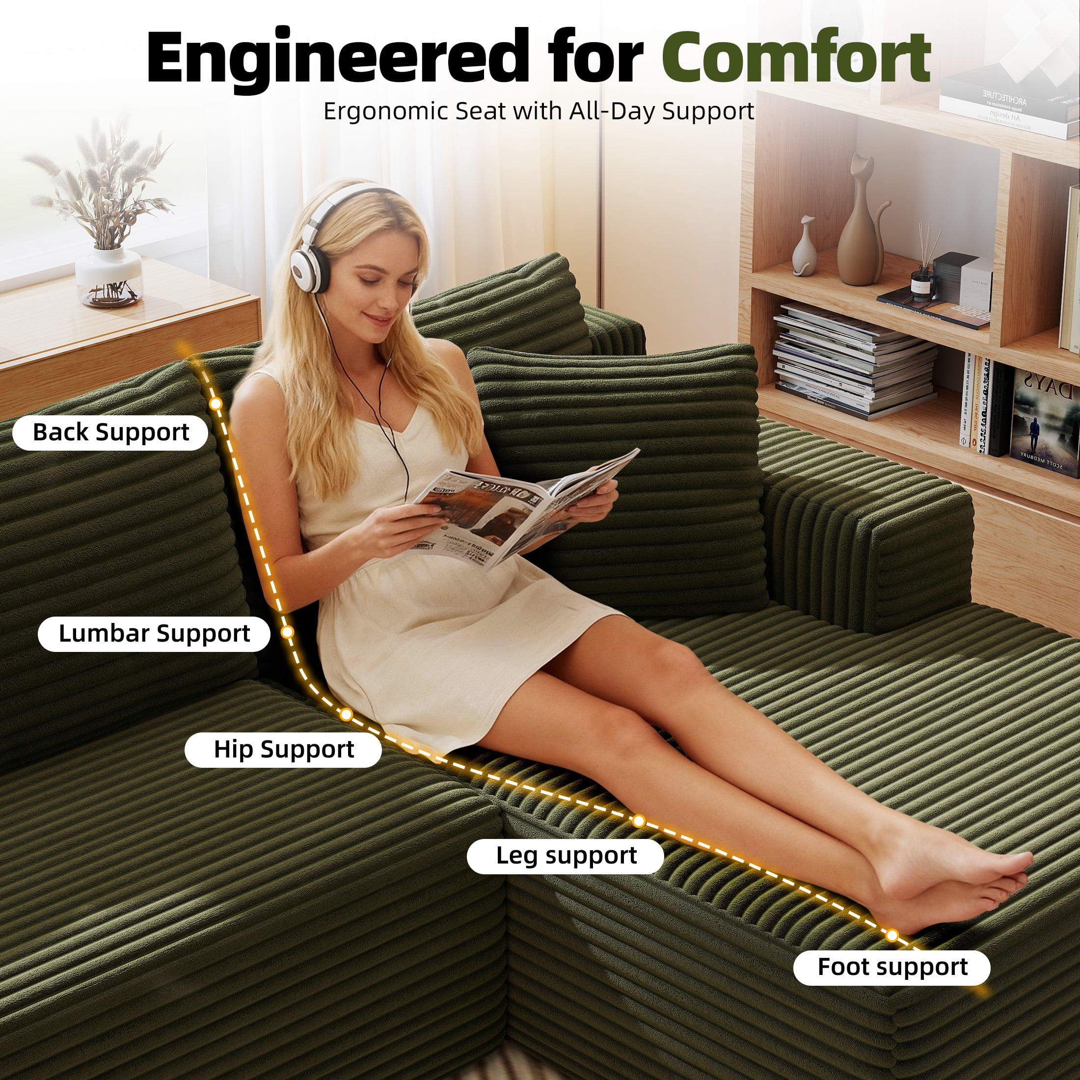 AENKYO 96” Cloud Modular Sectional Sofa with L-Shape Chaise, Deep Seat Corduroy Upholstered Couch, No Assembly Required, Green