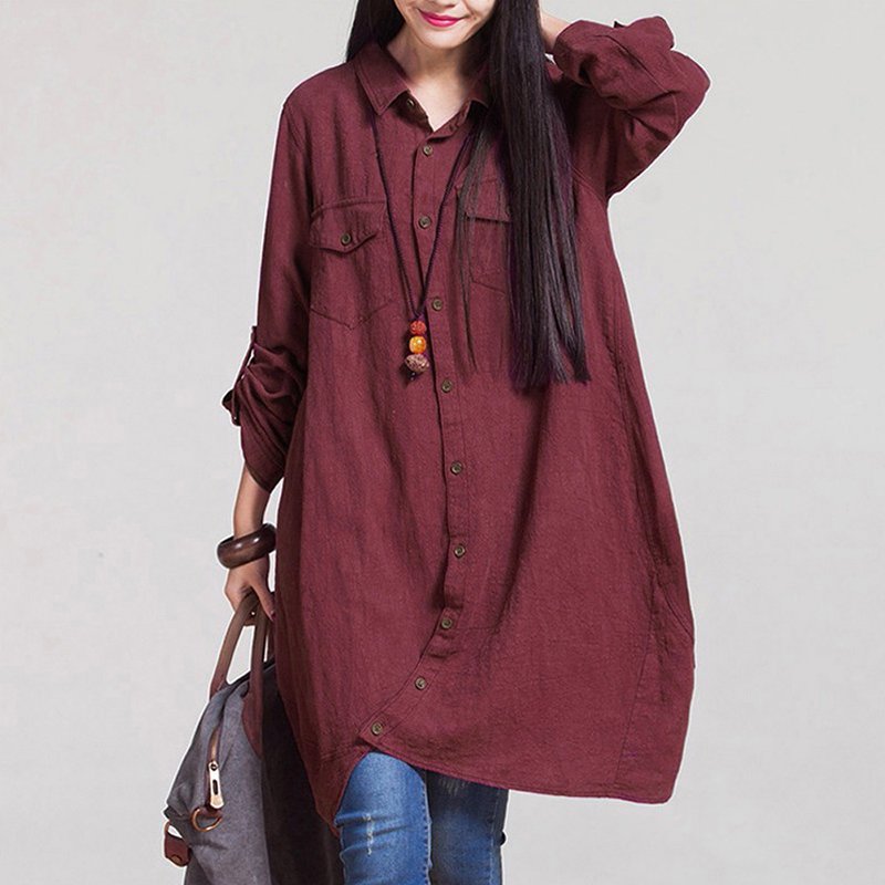 New Women Long Blouse Irregular Hem Long Sleeves Pockets