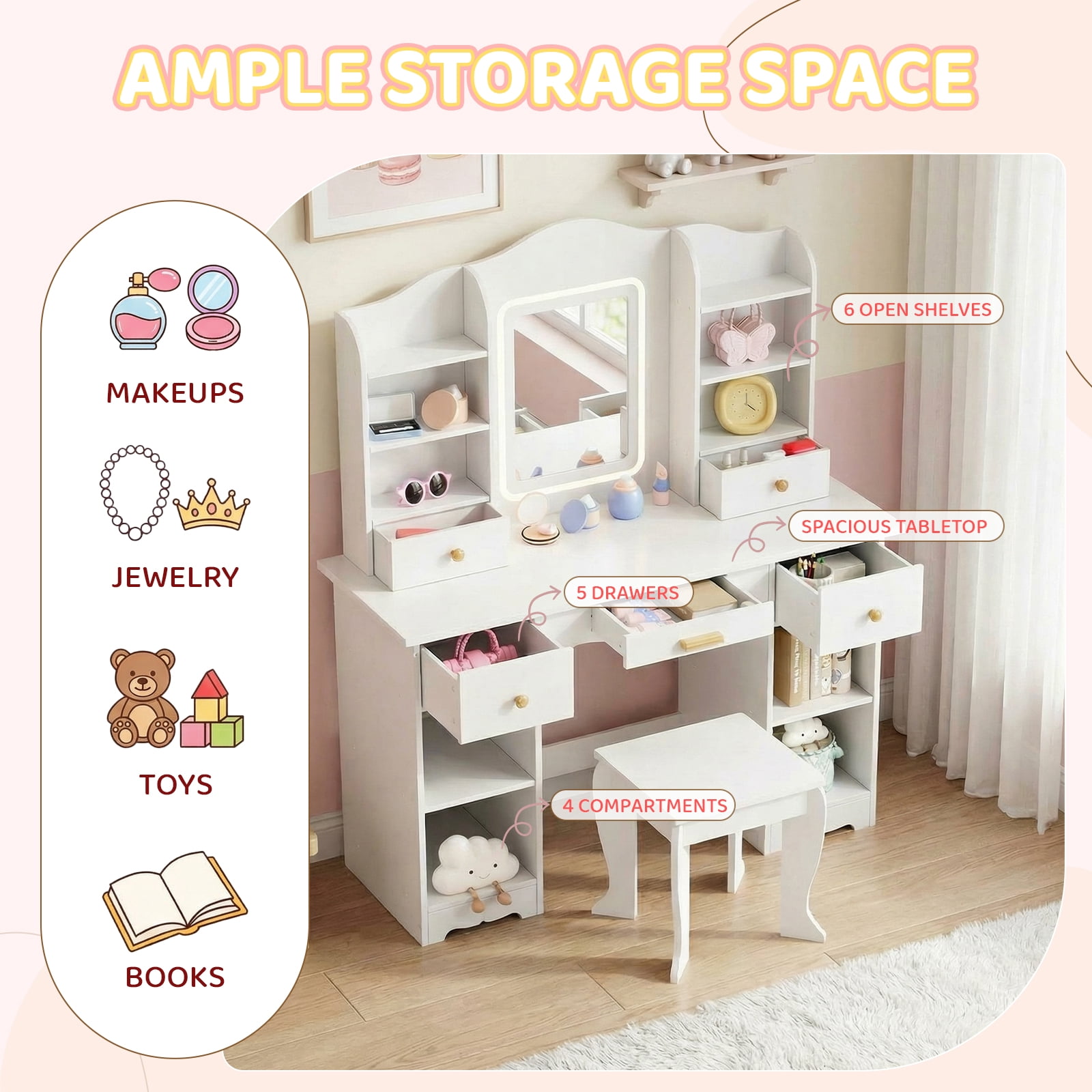 Pirecart 2 in 1 Kids Vanity Set, Pretend Play Makeup Desk with Mirror＆ Drawer, 3 Color Lights, Large Storage, Detachable shelf, White