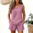thumbnail image 2 of NMMUED Womens Two Piece Short Sets Cotton Linen Summer Round Neck Sleeveless Tank Tops Elastic Waist Shorts with Pockets Linen Clothes Hot Pink XXL, 2 of 8