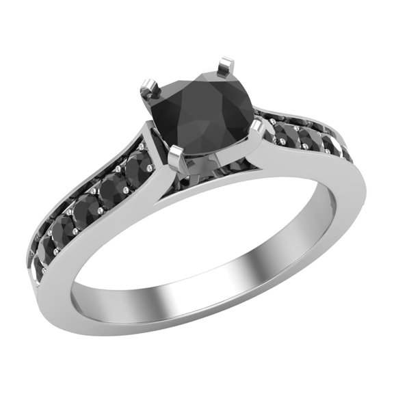 Black Diamond Engagement Ring for Women Solitaire Cushion 14K White Gold 0.75 Carat (Black, AAA)